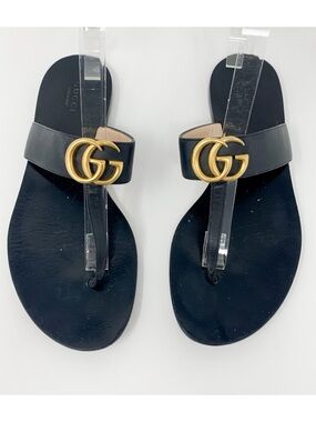 Gucci Marmont GG Black Leather Thong Sandals Gold Logo EU 38.5